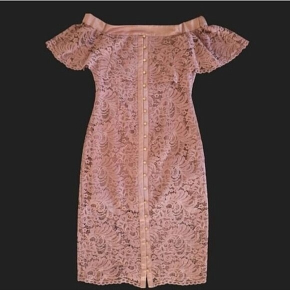 Keepsake The Label Blush Star Crossed Off Shoulder Lace Midi Mauve Dress - Picture 5 of 13
